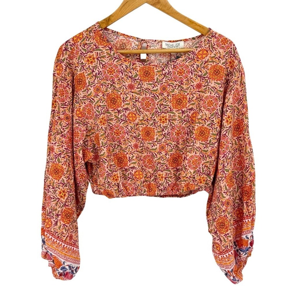 Rachel Zoe Womens Medium Crop Top Floral Linen Blend Long Sleeve Boho Blouse NEW - Picture 2 of 8